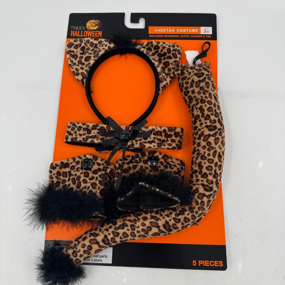 Happy Halloween Cheetah Costume Set 5pc Headband Cuffs Choker Tail Leopard Print